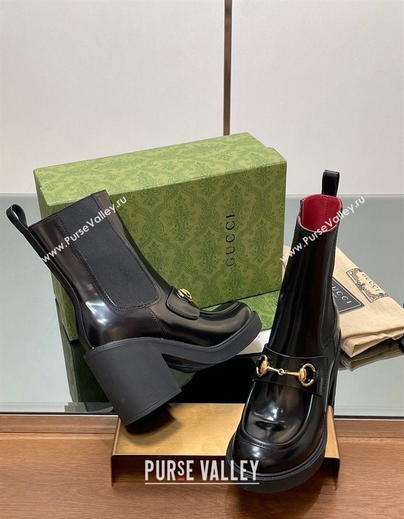 Gucci Web Horsebit Heel Ankle Boots 9cm in Shiny Leather Black 2024 GG111801 (MD-241118058)