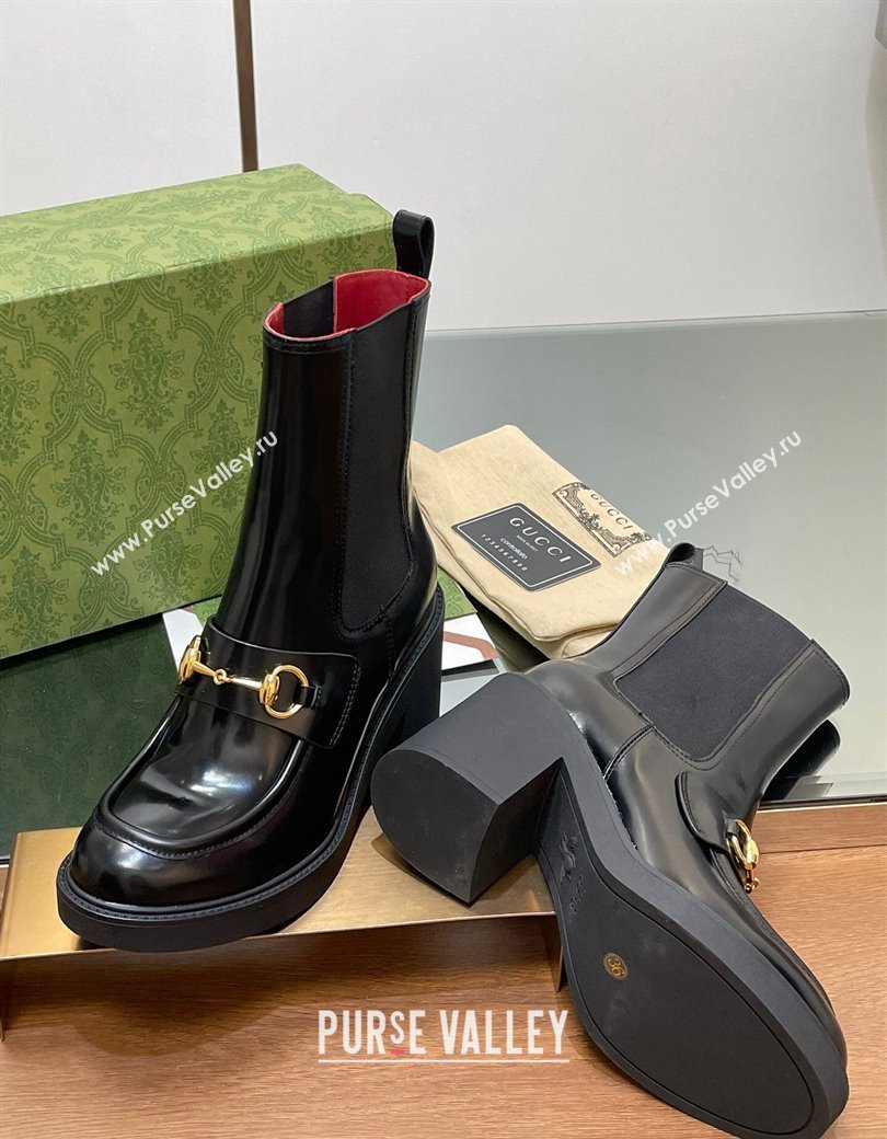 Gucci Web Horsebit Heel Ankle Boots 9cm in Shiny Leather Black 2024 GG111801 (MD-241118058)