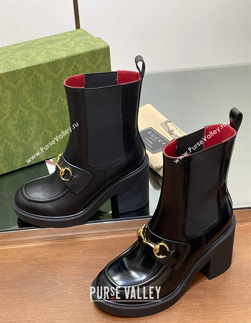 Gucci Web Horsebit Heel Ankle Boots 9cm in Shiny Leather Black 2024 GG111801 (MD-241118058)