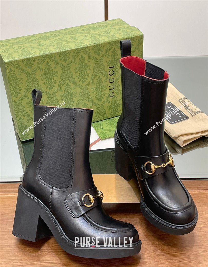 Gucci Web Horsebit Heel Ankle Boots 9cm in Calf Leather Black 2024 GG111801 (MD-241118057)