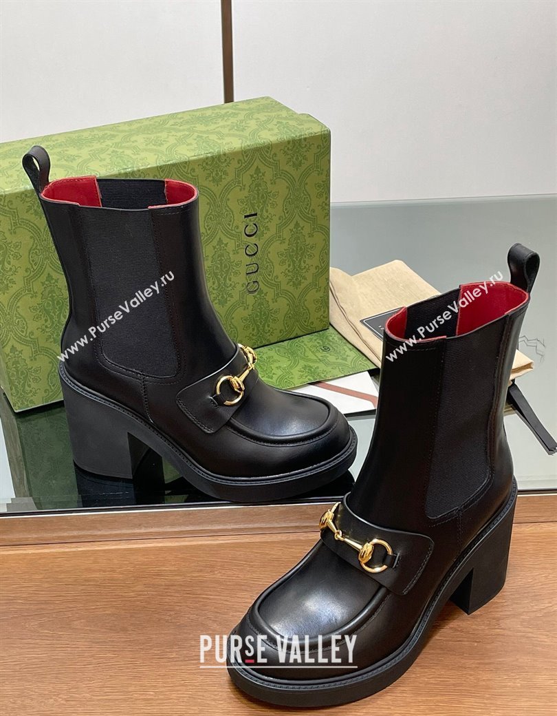 Gucci Web Horsebit Heel Ankle Boots 9cm in Calf Leather Black 2024 GG111801 (MD-241118057)