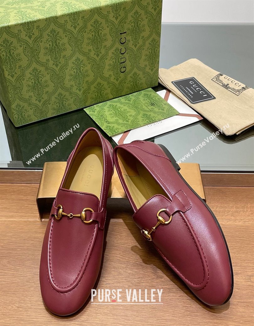 Gucci Womens Jordaan Calf Leather Loafers Burgundy 2024 GG111906 (KL-241119077)