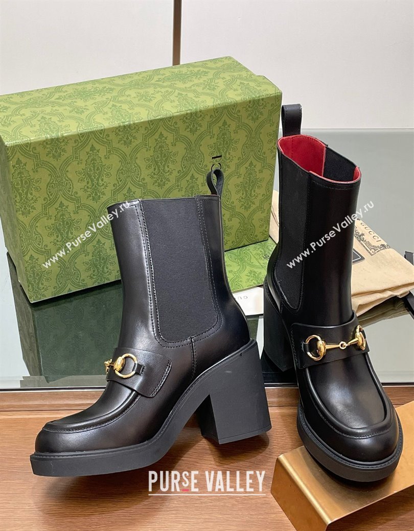 Gucci Web Horsebit Heel Ankle Boots 9cm in Calf Leather Black 2024 GG111801 (MD-241118057)