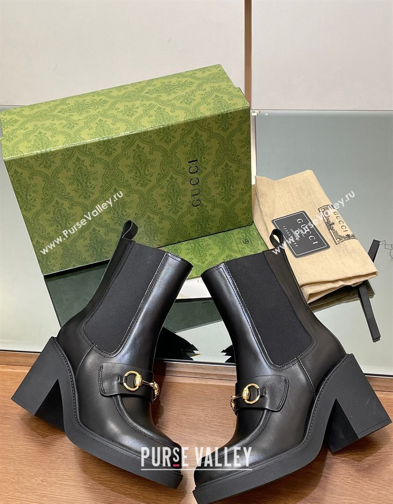 Gucci Web Horsebit Heel Ankle Boots 9cm in Calf Leather Black 2024 GG111801 (MD-241118057)