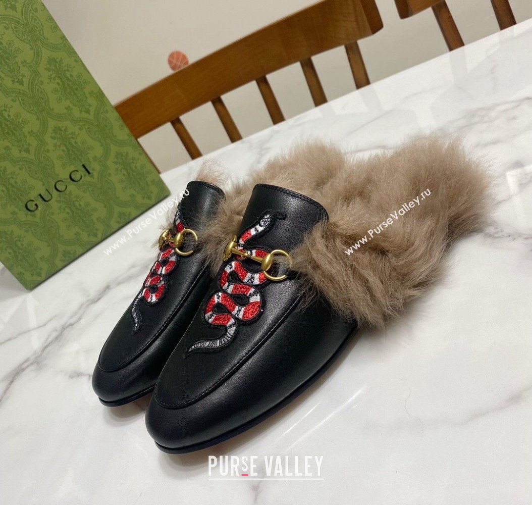 Gucci Leather and Wool Flat Slippers with Snakeking Embroidery Black 2024 (MD-241119085)