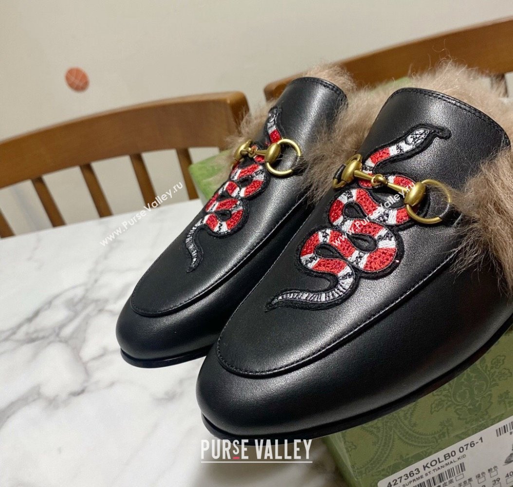 Gucci Leather and Wool Flat Slippers with Snakeking Embroidery Black 2024 (MD-241119085)