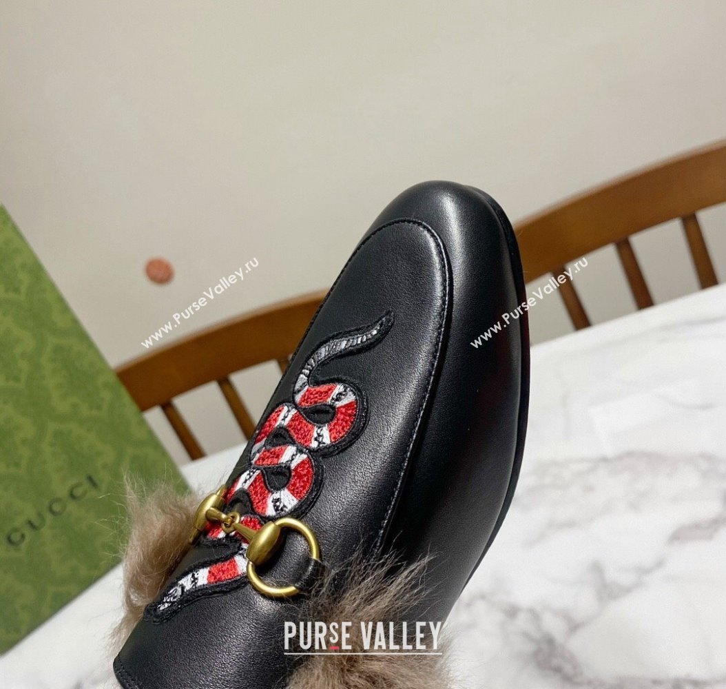 Gucci Leather and Wool Flat Slippers with Snakeking Embroidery Black 2024 (MD-241119085)