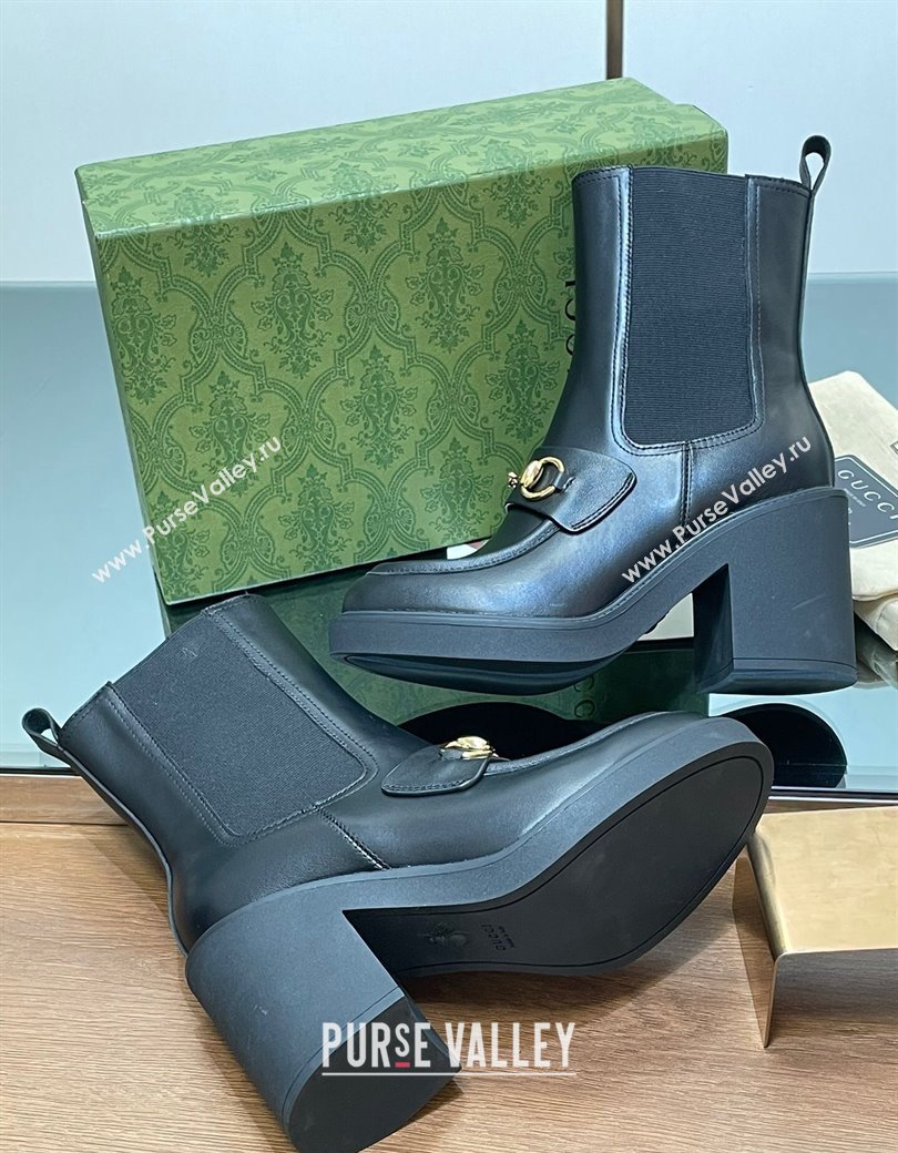 Gucci Web Horsebit Heel Ankle Boots 9cm in Calf Leather Black 2024 GG111801 (MD-241118057)