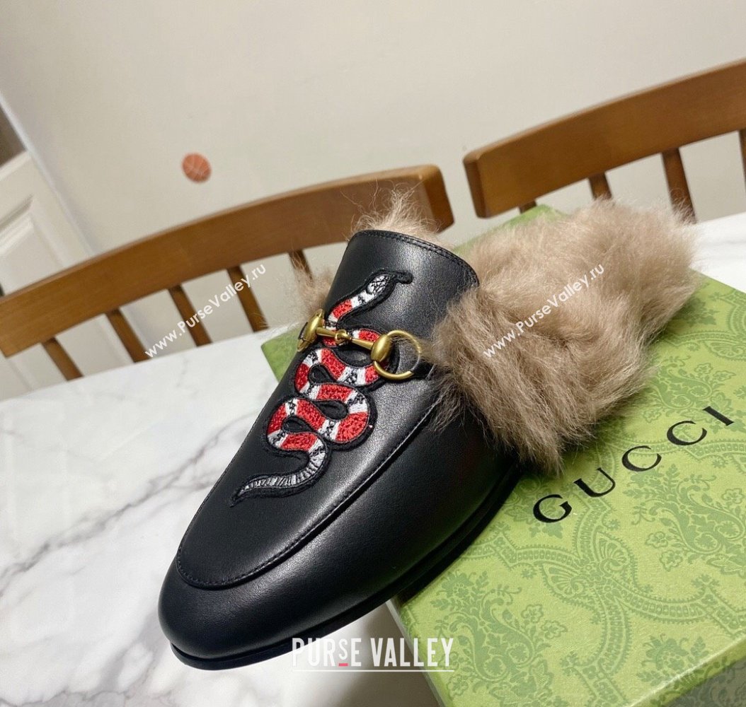 Gucci Leather and Wool Flat Slippers with Snakeking Embroidery Black 2024 (MD-241119085)