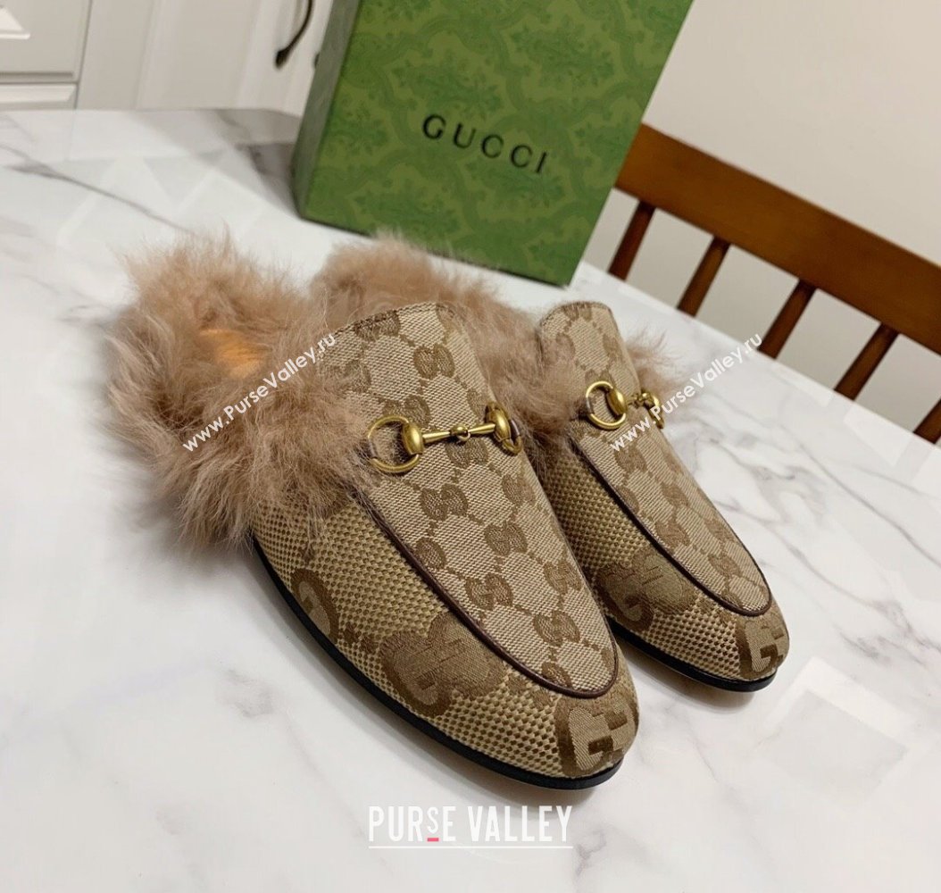 Gucci GG Maxi Canvas and Wool Flat Slippers Camel Beige 2024 1118 (MD-241119087)