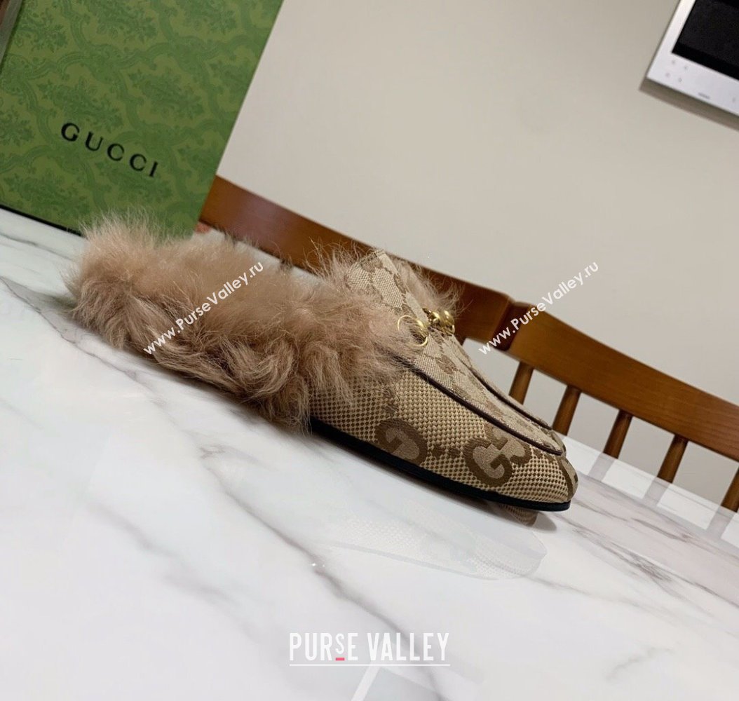 Gucci GG Maxi Canvas and Wool Flat Slippers Camel Beige 2024 1118 (MD-241119087)