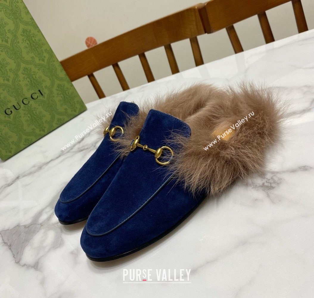 Gucci Suede and Wool Flat Slippers Navy Blue 2024 1119 (MD-241119088)