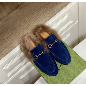 Gucci Suede and Wool Flat Slippers Navy Blue 2024 1119 (MD-241119088)