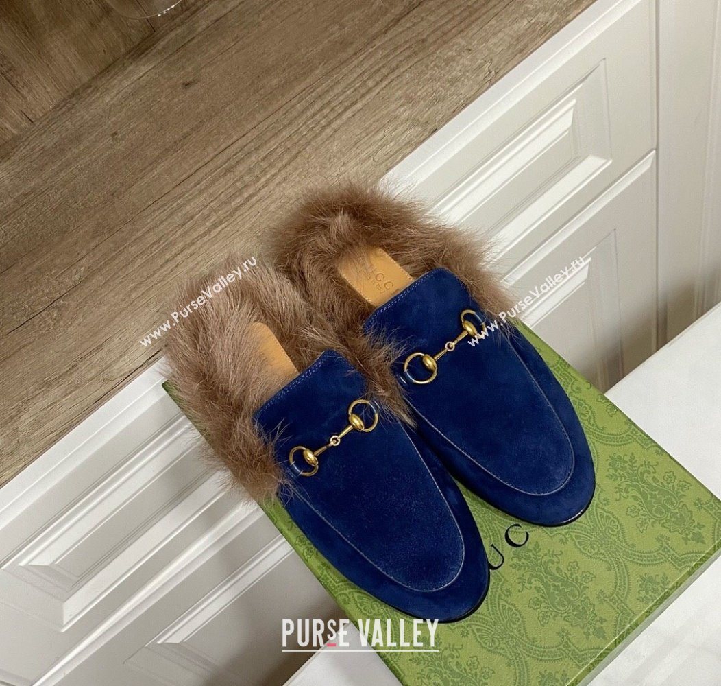 Gucci Suede and Wool Flat Slippers Navy Blue 2024 1119 (MD-241119088)