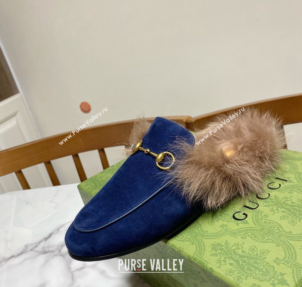 Gucci Suede and Wool Flat Slippers Navy Blue 2024 1119 (MD-241119088)