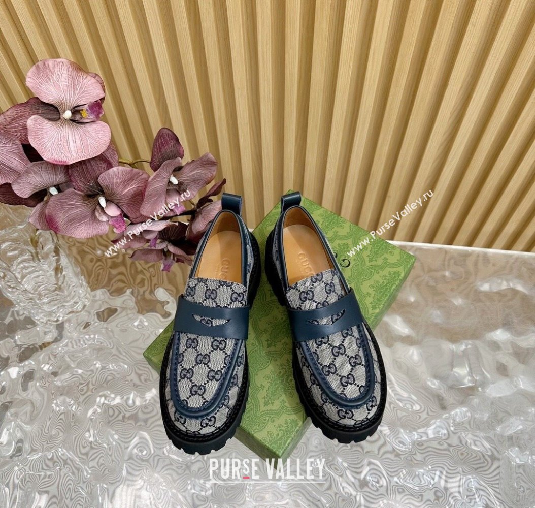 Gucci GG Canvas Platform Loafers 5cm with Leather Web Blue 2024 806399 (SS-241118096)