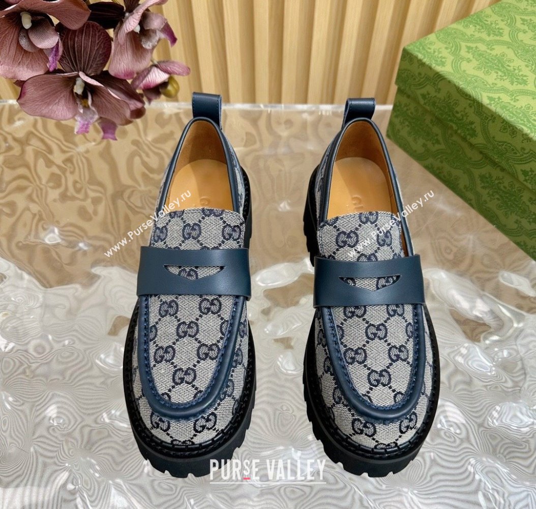 Gucci GG Canvas Platform Loafers 5cm with Leather Web Blue 2024 806399 (SS-241118096)