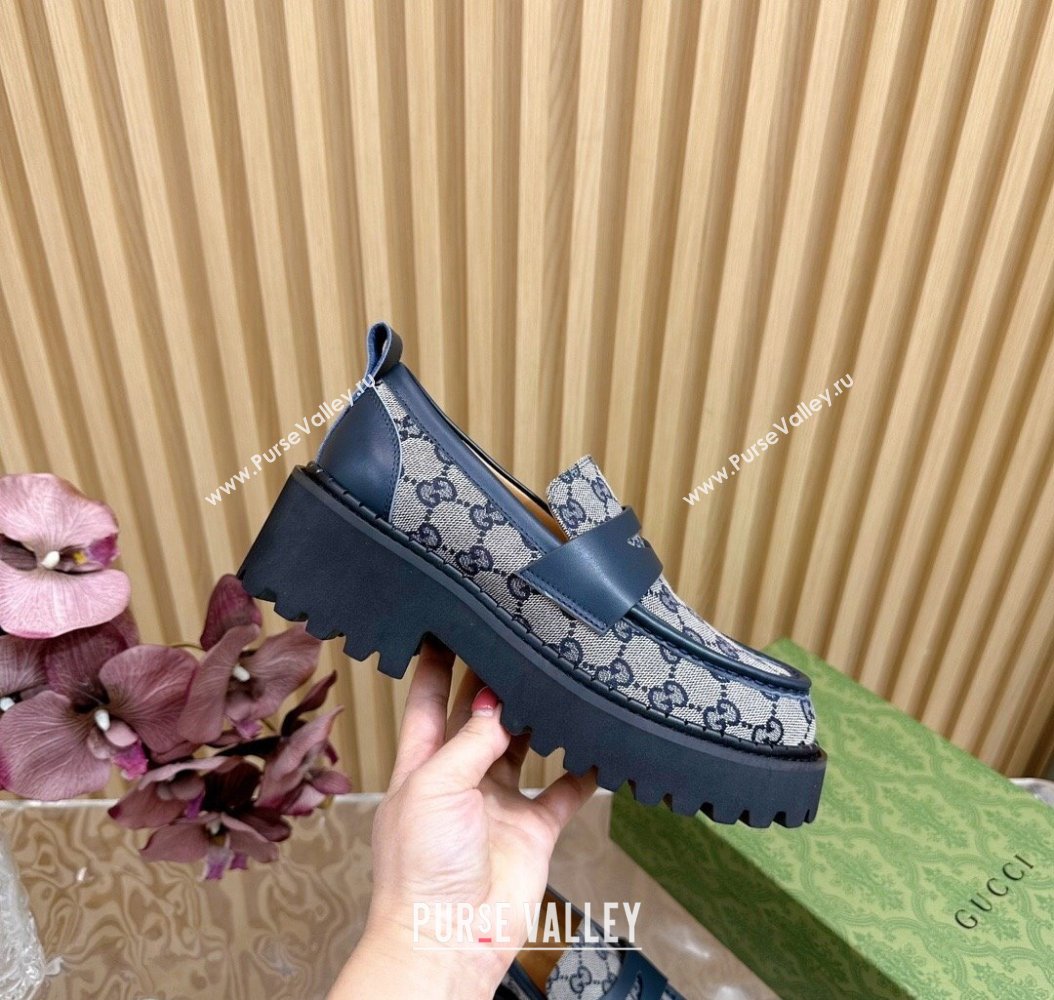 Gucci GG Canvas Platform Loafers 5cm with Leather Web Blue 2024 806399 (SS-241118096)