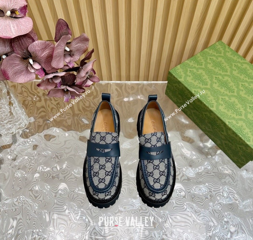 Gucci GG Canvas Platform Loafers 5cm with Leather Web Blue 2024 806399 (SS-241118096)