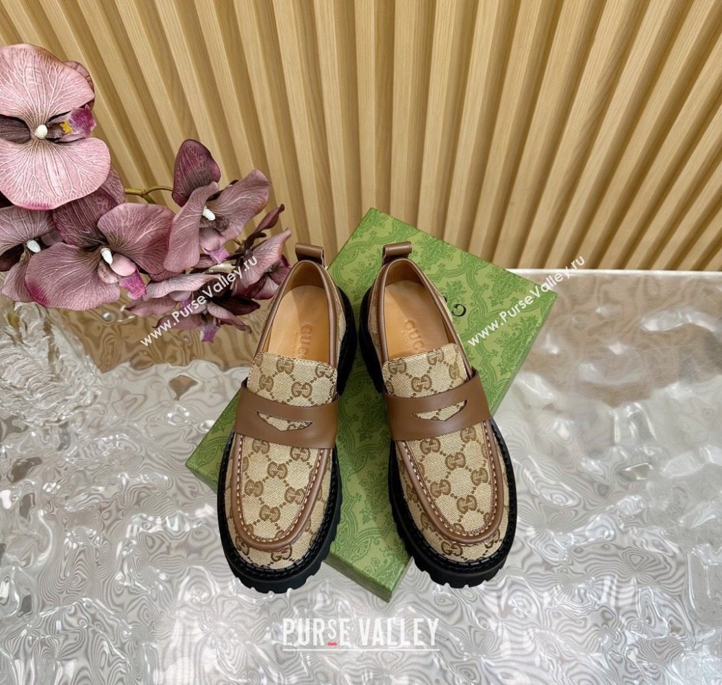 Gucci GG Canvas Platform Loafers 5cm with Leather Web Brown 2024 806399 (SS-241118097)