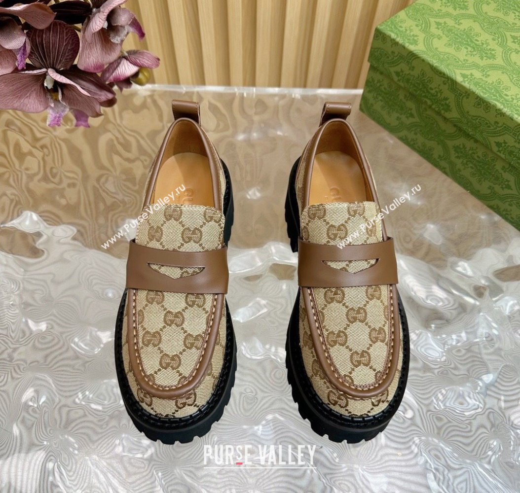 Gucci GG Canvas Platform Loafers 5cm with Leather Web Brown 2024 806399 (SS-241118097)