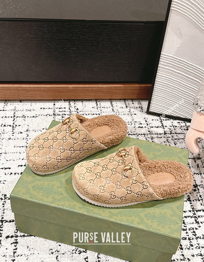 Gucci GG Suede and Wool Flat Mules Beige 2024 GG111907 (SS-241119098)