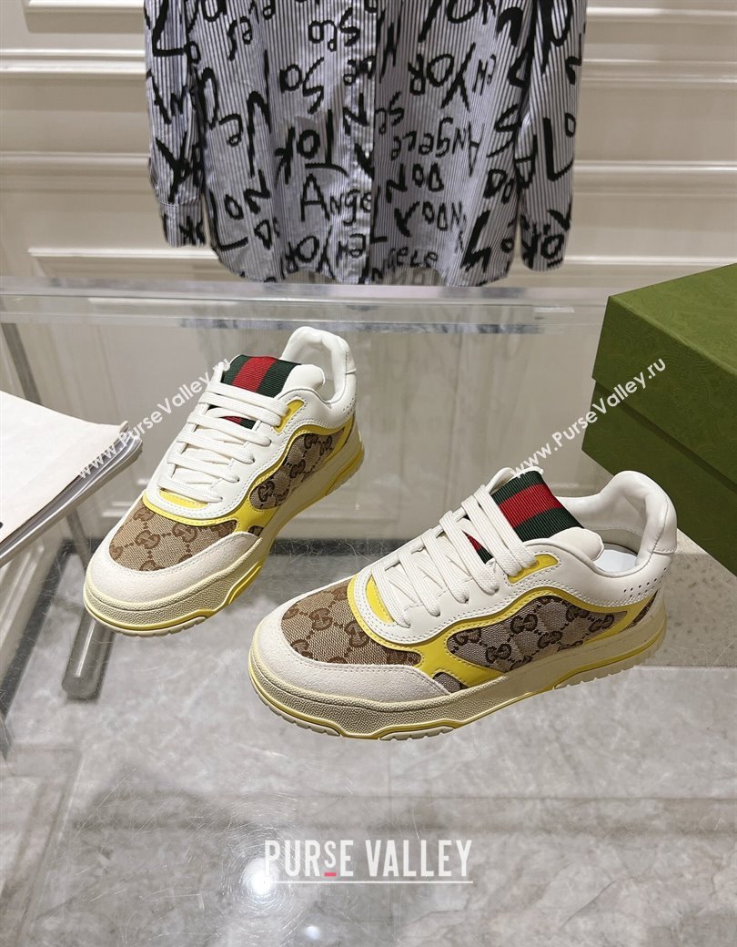 Gucci Re-Web Sneakers in Leather and GG Canvas Beige/White/Yellow 2024 ‎785452 (SS-241119105)