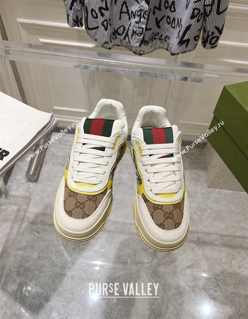 Gucci Re-Web Sneakers in Leather and GG Canvas Beige/White/Yellow 2024 ‎785452 (SS-241119105)