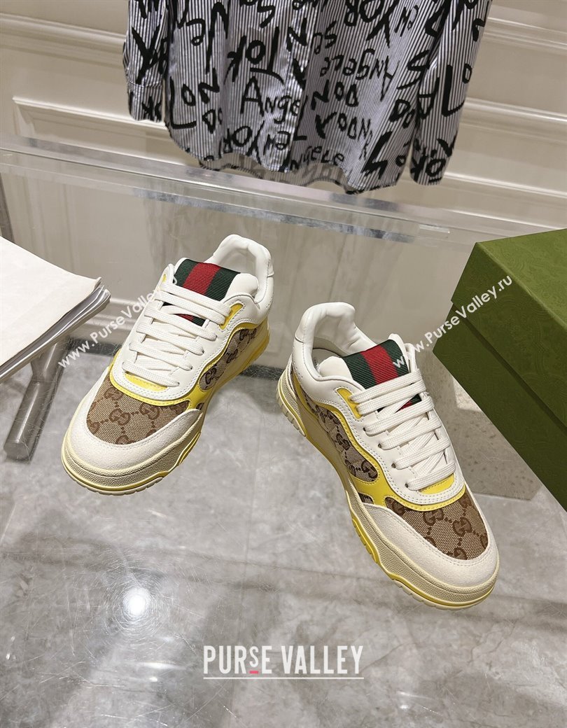 Gucci Re-Web Sneakers in Leather and GG Canvas Beige/White/Yellow 2024 ‎785452 (SS-241119105)