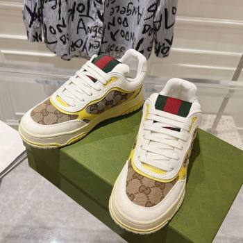 Gucci Re-Web Sneakers in Leather and GG Canvas Beige/White/Yellow 2024 ‎785452 (SS-241119105)