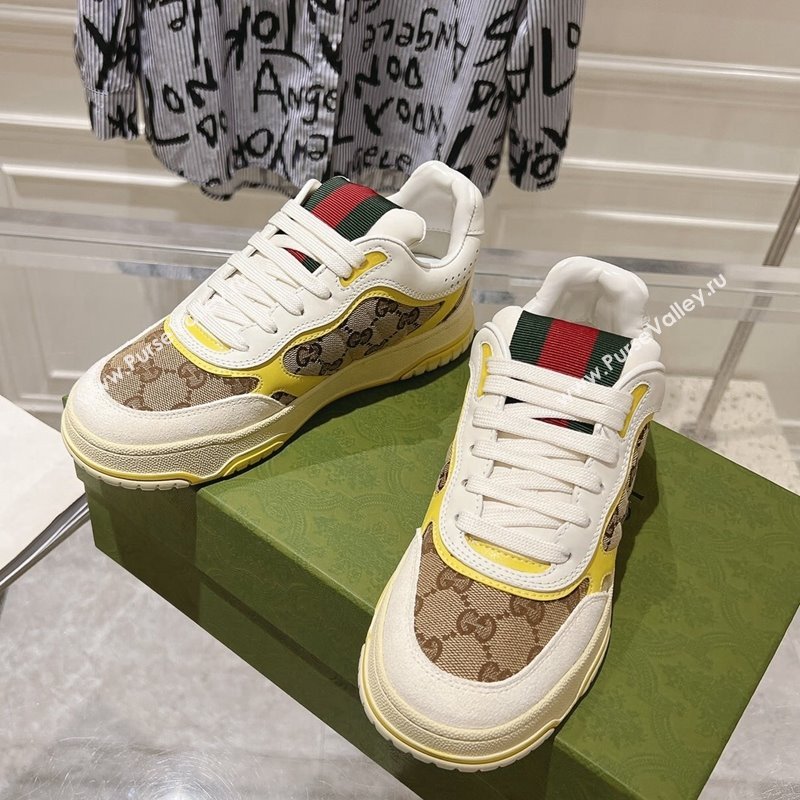 Gucci Re-Web Sneakers in Leather and GG Canvas Beige/White/Yellow 2024 ‎785452 (SS-241119105)