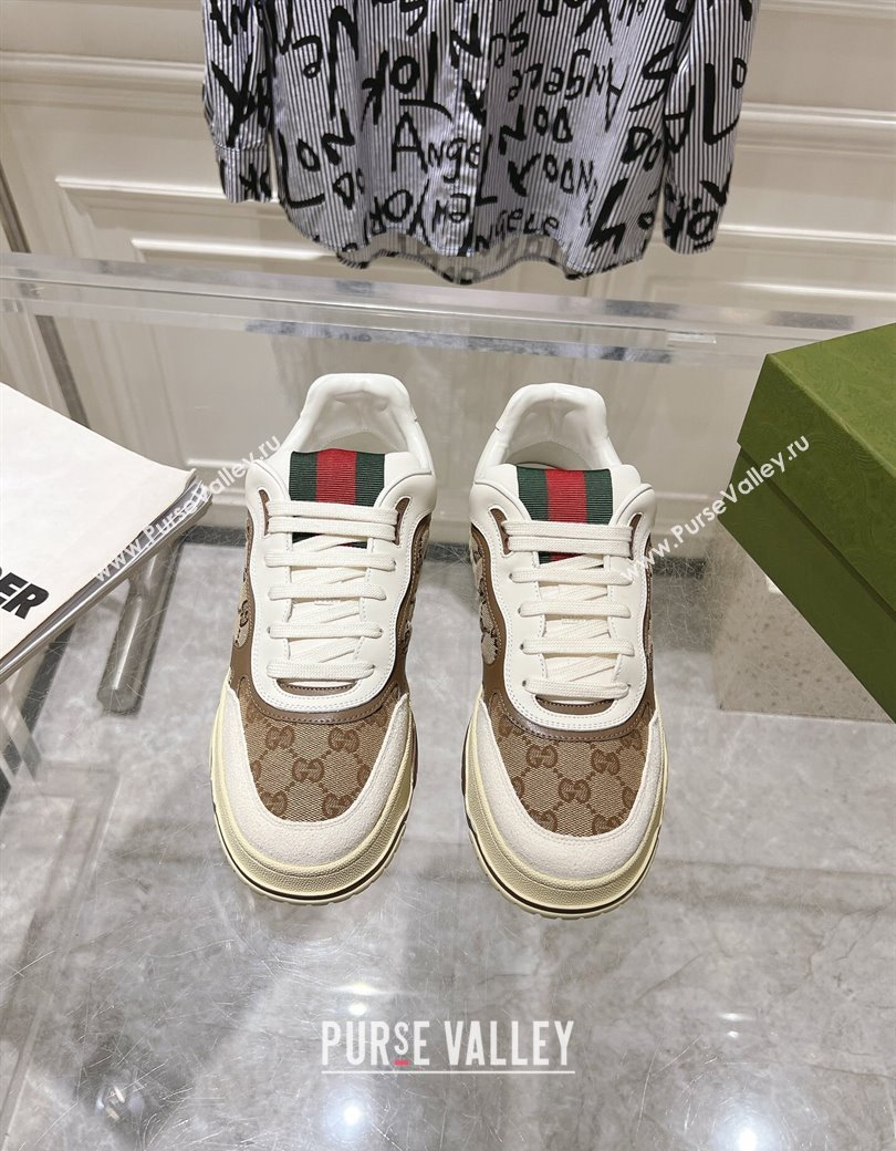 Gucci Re-Web Sneakers in Leather and GG Canvas Beige/White/Brown 2024 ‎785452 (SS-241119107)