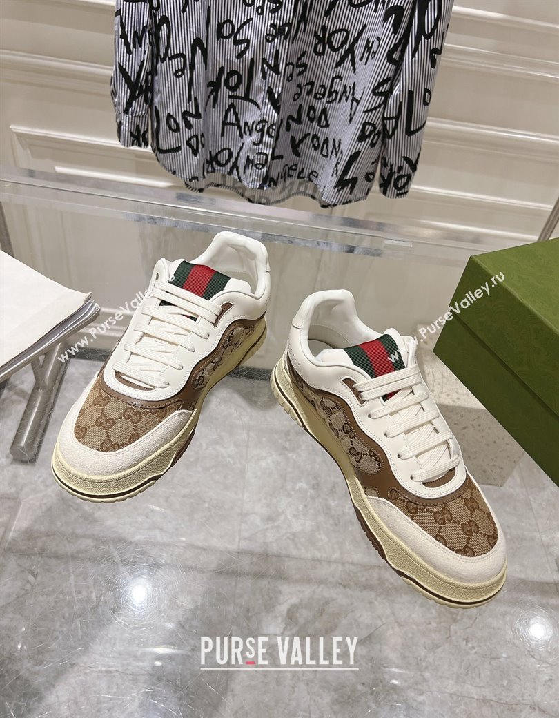 Gucci Re-Web Sneakers in Leather and GG Canvas Beige/White/Brown 2024 ‎785452 (SS-241119107)