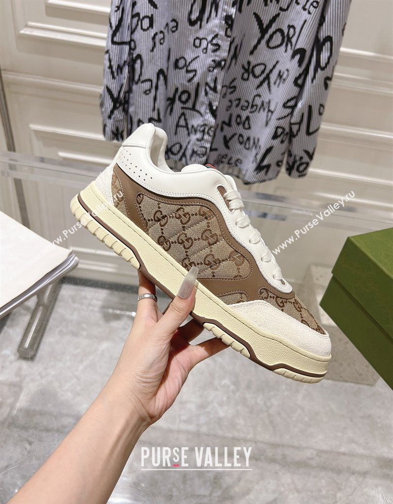 Gucci Re-Web Sneakers in Leather and GG Canvas Beige/White/Brown 2024 ‎785452 (SS-241119107)