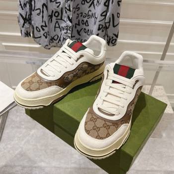 Gucci Re-Web Sneakers in Leather and GG Canvas Beige/White/Brown 2024 ‎785452 (SS-241119107)