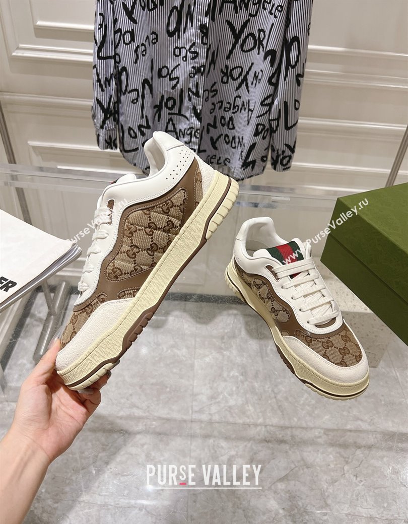 Gucci Re-Web Sneakers in Leather and GG Canvas Beige/White/Brown 2024 ‎785452 (SS-241119107)