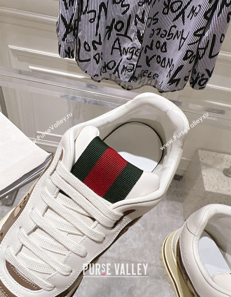 Gucci Re-Web Sneakers in Leather and GG Canvas Beige/White/Brown 2024 ‎785452 (SS-241119107)