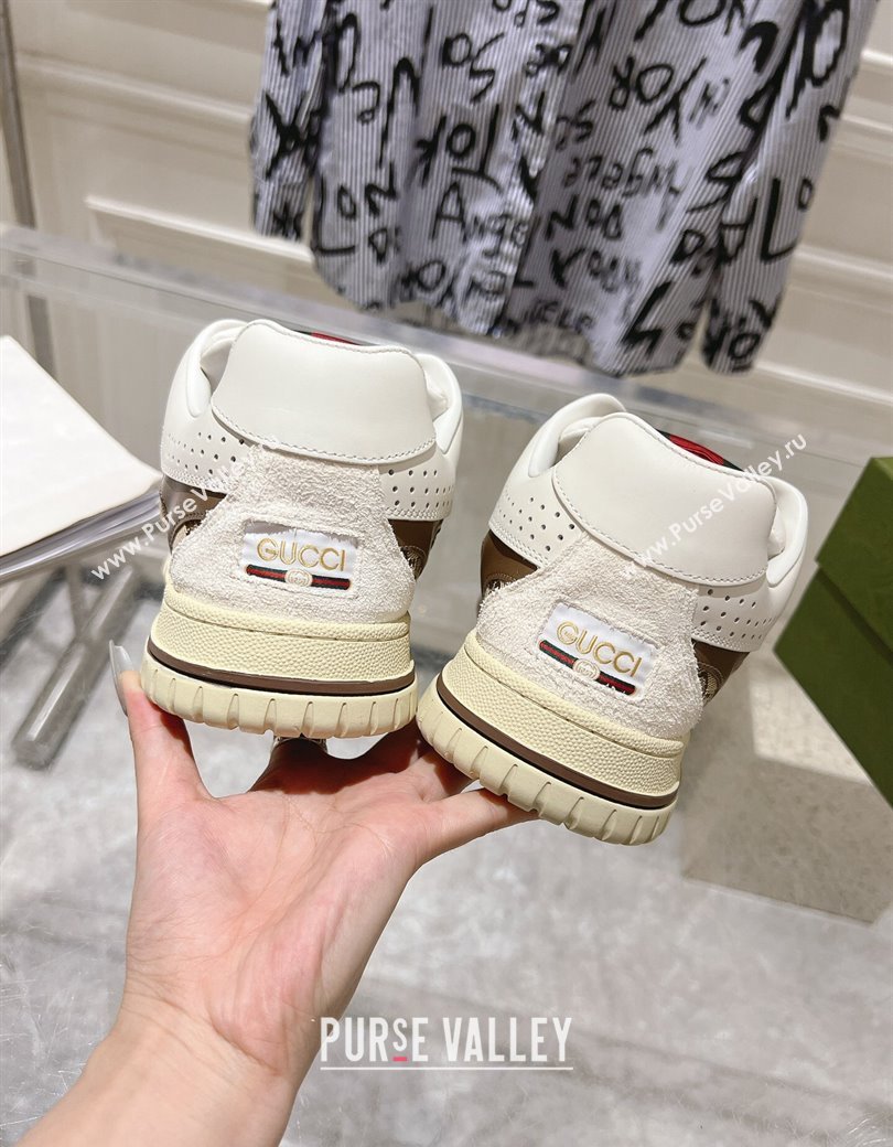 Gucci Re-Web Sneakers in Leather and GG Canvas Beige/White/Brown 2024 ‎785452 (SS-241119107)