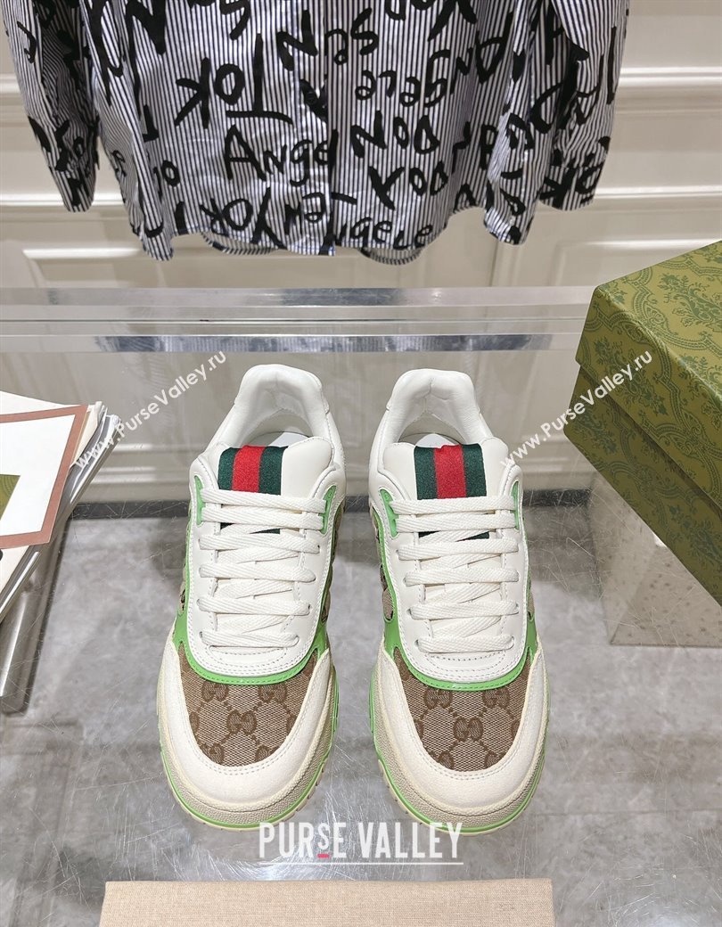 Gucci Re-Web Sneakers in Leather and GG Canvas Beige/White/Green 2024 ‎785452 (SS-241119108)