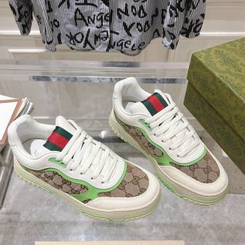 Gucci Re-Web Sneakers in Leather and GG Canvas Beige/White/Green 2024 ‎785452 (SS-241119108)