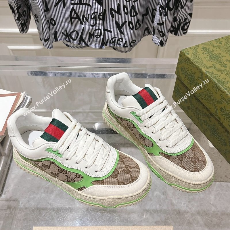 Gucci Re-Web Sneakers in Leather and GG Canvas Beige/White/Green 2024 ‎785452 (SS-241119108)