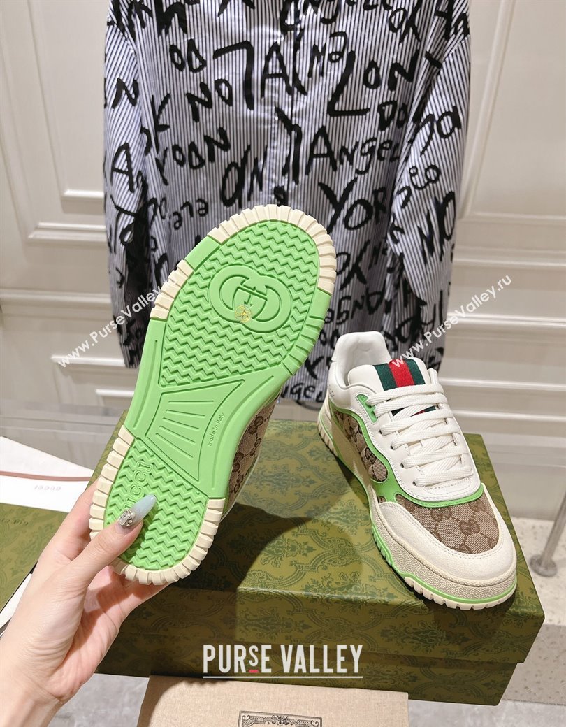 Gucci Re-Web Sneakers in Leather and GG Canvas Beige/White/Green 2024 ‎785452 (SS-241119108)