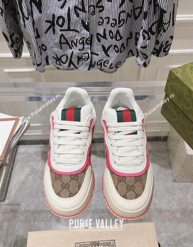 Gucci Re-Web Sneakers in Leather and GG Canvas Beige/White/Pink 2024 ‎785452 (SS-241119109)