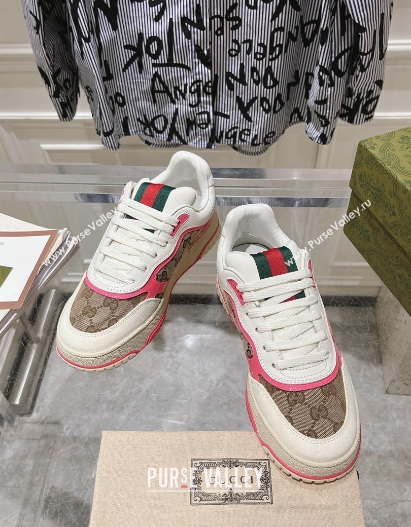 Gucci Re-Web Sneakers in Leather and GG Canvas Beige/White/Pink 2024 ‎785452 (SS-241119109)