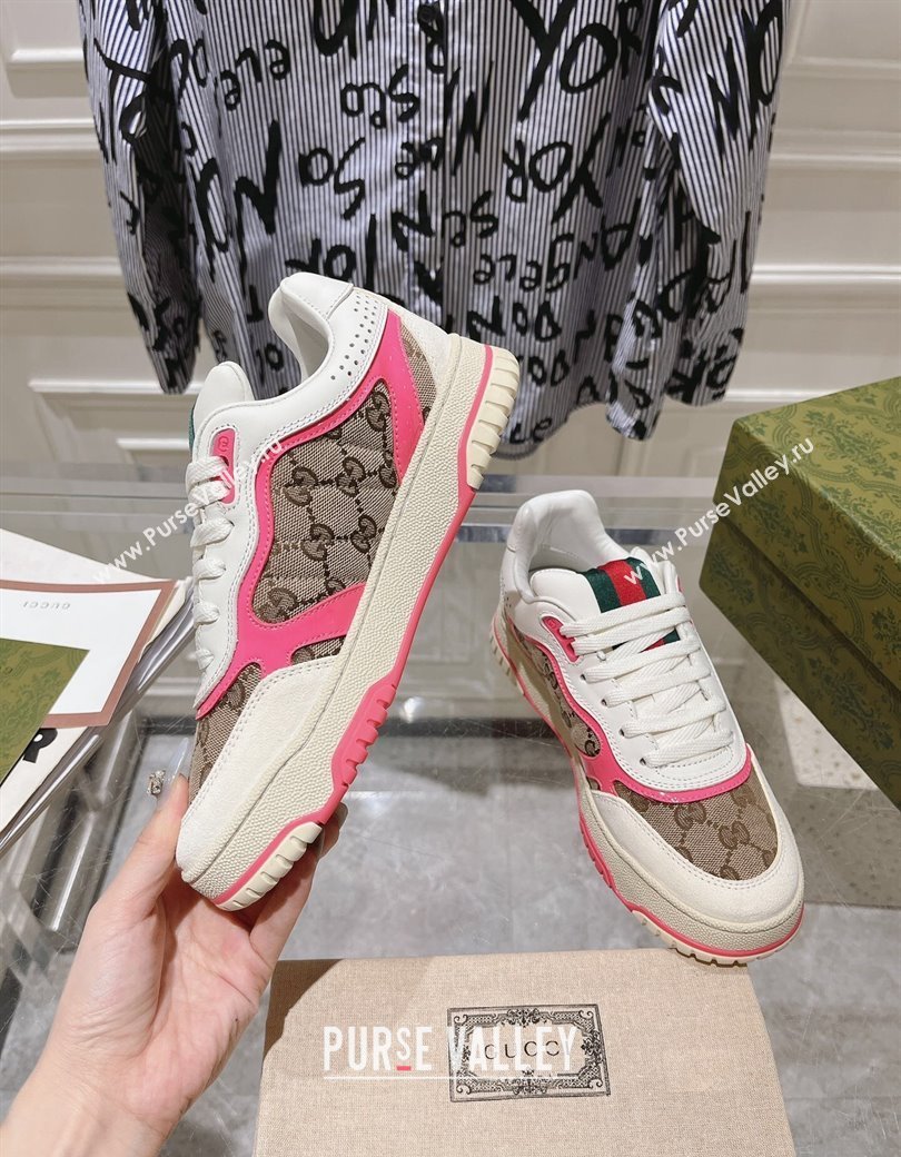 Gucci Re-Web Sneakers in Leather and GG Canvas Beige/White/Pink 2024 ‎785452 (SS-241119109)