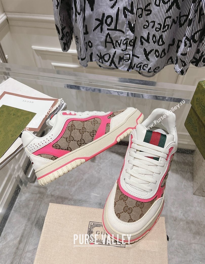 Gucci Re-Web Sneakers in Leather and GG Canvas Beige/White/Pink 2024 ‎785452 (SS-241119109)