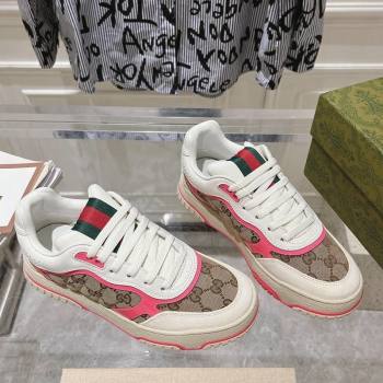 Gucci Re-Web Sneakers in Leather and GG Canvas Beige/White/Pink 2024 ‎785452 (SS-241119109)