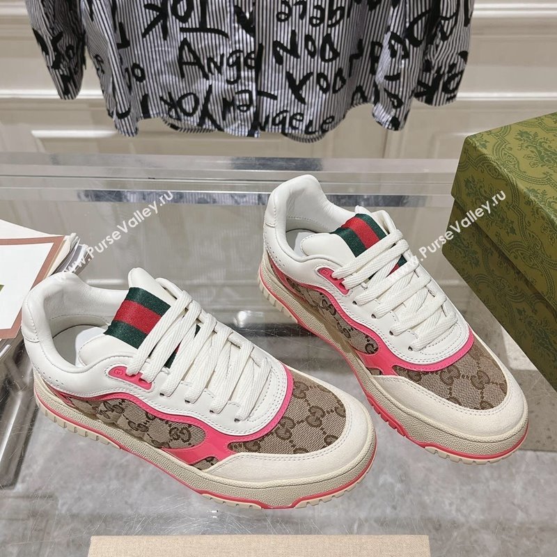 Gucci Re-Web Sneakers in Leather and GG Canvas Beige/White/Pink 2024 ‎785452 (SS-241119109)