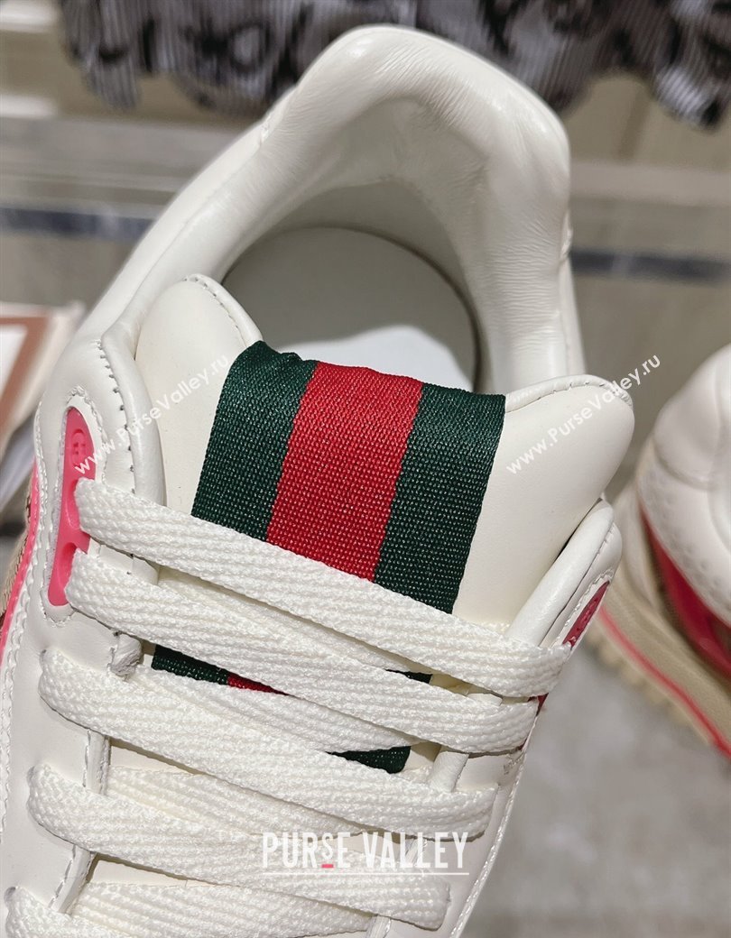 Gucci Re-Web Sneakers in Leather and GG Canvas Beige/White/Pink 2024 ‎785452 (SS-241119109)