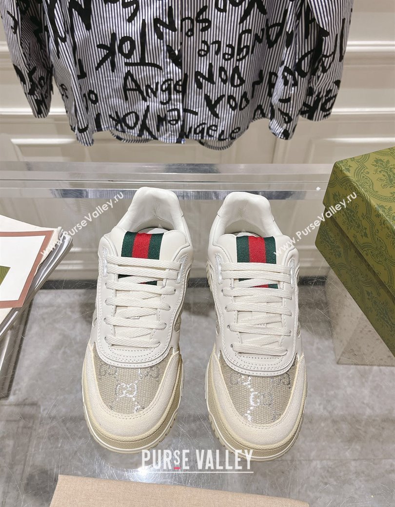 Gucci Re-Web Sneakers in Leather and GG Canvas White/Grey/Silver 2024 ‎785452 (SS-241119110)